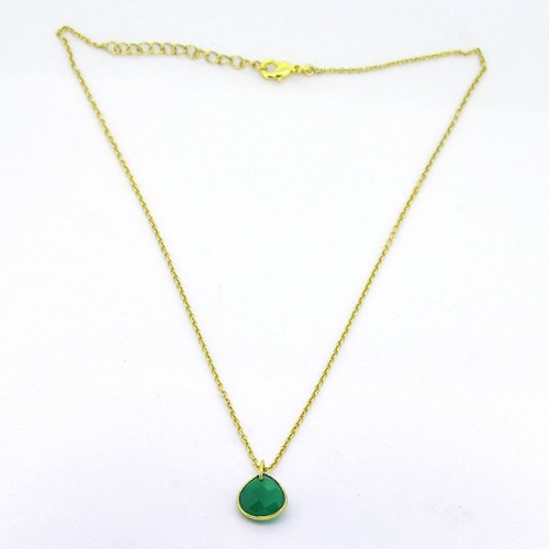 925 Sterling Silver Pear Shape Green Onyx  Gemstone Gold Plated Necklace Jewelry 