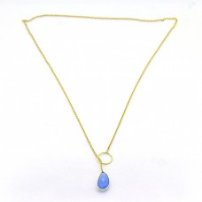 Pear Shape Blue Chalcedony Gemstone 925 Sterling Silver Gold Plated Necklace Jewelry