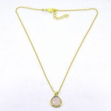 Round Shape Rose Quartz Gemstone 925 Sterling Silver Gold Plated Handmade Necklace