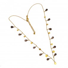 Smoky Quartz Pear Drops Shape Gemstone 925 Sterling Silver Gold Plated Necklace Jewelry