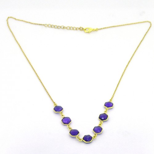 Hexagon Shape Amethyst Gemstone 925 Sterling Silver Gold Plated Bezel Setting Necklace