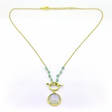 Round Shape Moonstone Chalcedony Gemstone 925 Sterling Silver Gold Plated Necklace