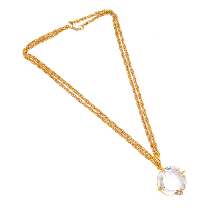 
									Faceted Round Shape Crystal Quartz Gemstone 925 Sterling  Silver Gold Plated Necklace