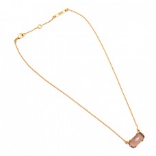 Rectangle Shape Rose Quartz Gemstone 925 Sterling Silver Gold Plated Necklace