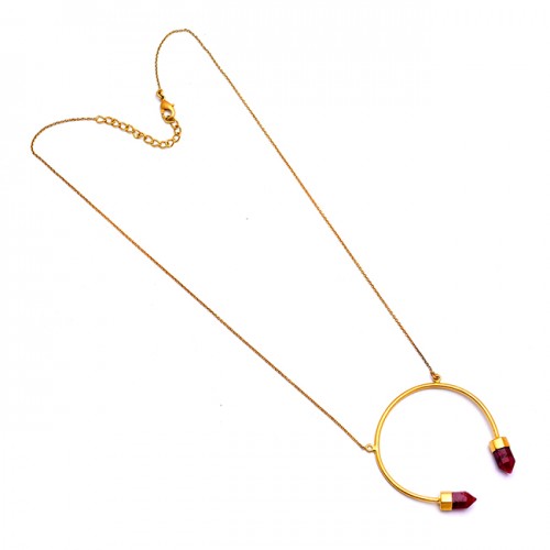 Handcrafted Designer Pencil Shape Ruby Gemstone 925 Silver Gold Plated Necklace 