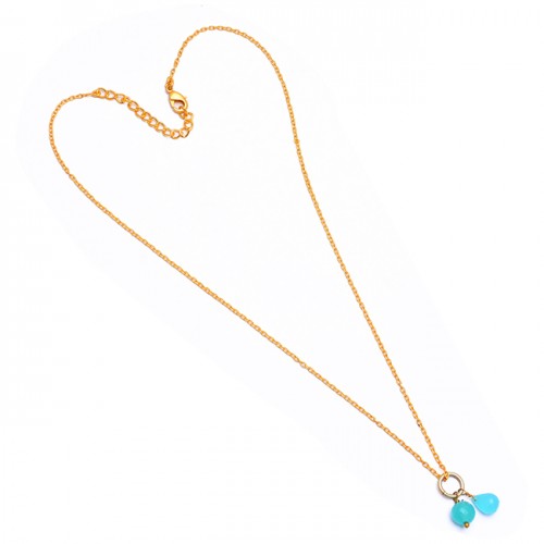 Pear Drops Shape Aqua Chalcedony Gemstone 925 Sterling Silver Gold Plated Necklace
