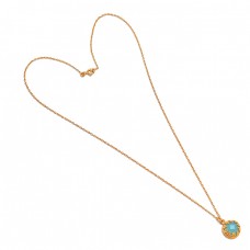 925 Sterling Silver Round Shape Aqua Color Chalcedony Gemstone Gold Plated Necklace