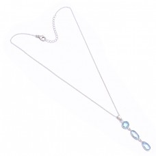 Bezel Setting Blue Topaz Round Oval Pear Gemstone 925 Sterling Silver Necklace Jewelry