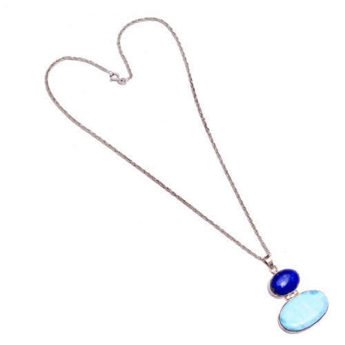 Lapis Lazuli Larimar Oval Shape Gemstone 925 Sterling Silver Chain Necklace Jewelry