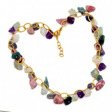 Raw Material Multi Color Rough Gemstone 925 Sterling Silver Gold Plated Necklace Jewelry