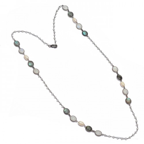 Labradorite Rainbow Pearl Gemstone Handmade 925 Sterling Silver Necklace Jewelry