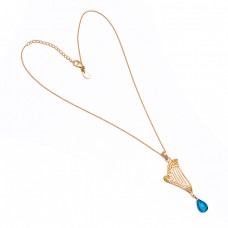 Pear Shape Blue Quartz Gemstone 925 Sterling Silver Gold Plated Necklace Jewelry