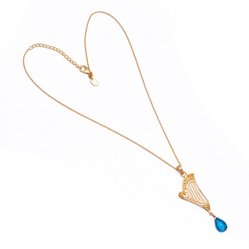 Pear Shape Blue Quartz Gemstone 925 Sterling Silver Gold Plated Necklace Jewelry