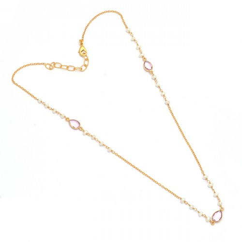 Pink Quartz Pearl Gemstone 925 Sterling Silver Gold Plated Necklace Jewelry