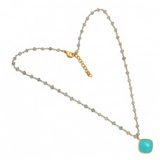 Cushion Roundel Beads Shape Aqua Chalcedony Gemstone 925 Sterling Silver Gold Plated Necklace Jewelry