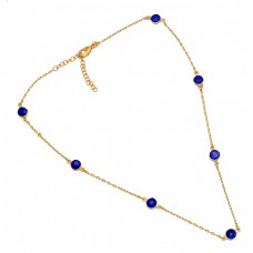 Round Shape Blue Sapphire Gemstone 925 Sterling Silver Gold Plated Necklace