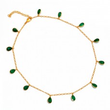 Pear Shape Green Onyx Gemstone 925 Sterling Silver Gold Plated Necklace Jewelry