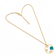 Round Shape Turquoise Gemstone 925 Sterling Silver Gold Plated Necklace Jewelry