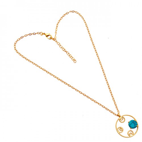 Round Shape Turquoise Gemstone 925 Sterling Silver Gold Plated Necklace Jewelry