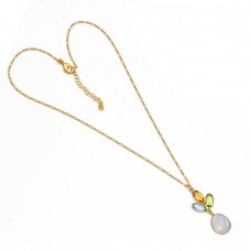 Oval Shape Multi Color Gemstone 925 Sterling Silver Gold Plated Necklace 