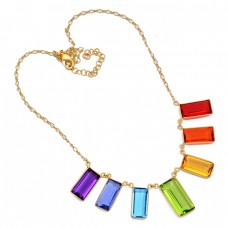 Rectangle Shape Multi Color Gemstone 925 Sterling Silver Gold Plated Necklace