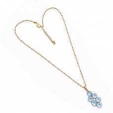 Round Shape Blue Topaz Gemstone 925 Sterling Silver Gold Plated Necklace Jewelry