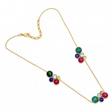 925 Sterling Silver Round Shape Multi Color Gemstone Gold Plated Necklace