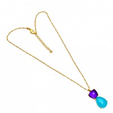 Amethyst Chalcedony Gemstone 925 Sterling Silver Gold Plated Necklace Jewelry