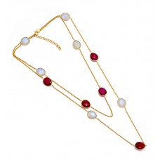 Oval Shape Ruby Moonstone 925 Sterling Silver Gold Plated Designer Necklace