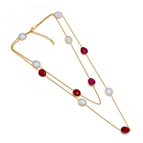 Oval Shape Ruby Moonstone 925 Sterling Silver Gold Plated Designer Necklace