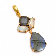 Labradorite Moonstone 925 Sterling Silver Gold Plated Pendant Necklace 
