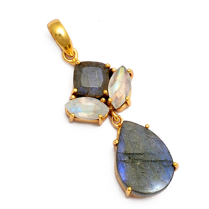 
									Labradorite Moonstone 925 Sterling Silver Gold Plated Pendant Necklace 