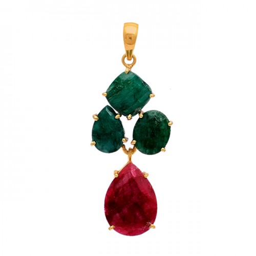 925 Sterling Silver Ruby Emerald Gemstone Gold Plated Pendant Necklace Jewelry