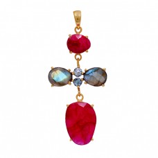 Ruby Labradorite Topaz Gemstone 925 Sterling Silver Gold Plated Pendant Necklace