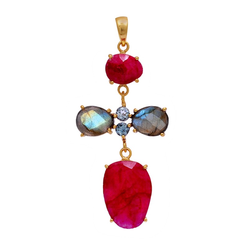
									Ruby Labradorite Topaz Gemstone 925 Sterling Silver Gold Plated Pendant Necklace : Price $16.50