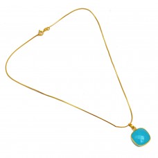 Cushion Shape Aqua Chalcedony Gemstone 925 Sterling Silver Gold Plated Necklace Jewelry