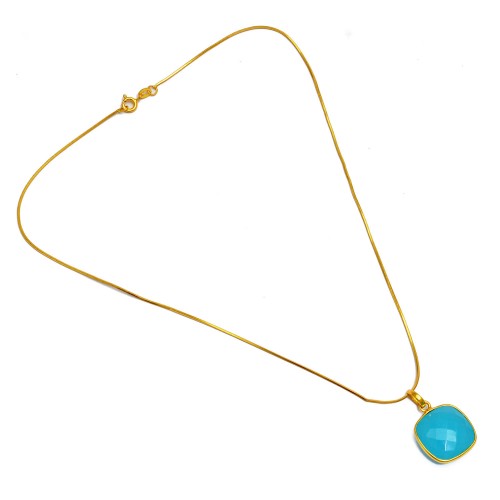 Cushion Shape Aqua Chalcedony Gemstone 925 Sterling Silver Gold Plated Necklace Jewelry