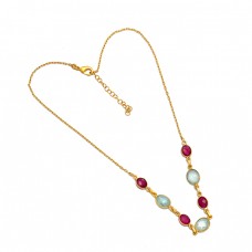 Ruby Aquamarine Gemstone 925 Sterling Silver Gold Plated Designer Necklace