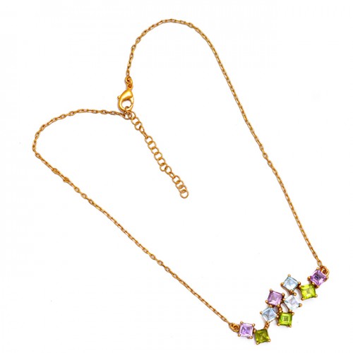 Square Shape Amethyst Topaz Peridot Gemstone 925 Silver Gold Plated Necklace