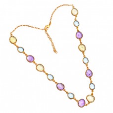 Oval Shape Lemon Topaz Amethyst Gemstone 925 Silver Gold Plated Necklace