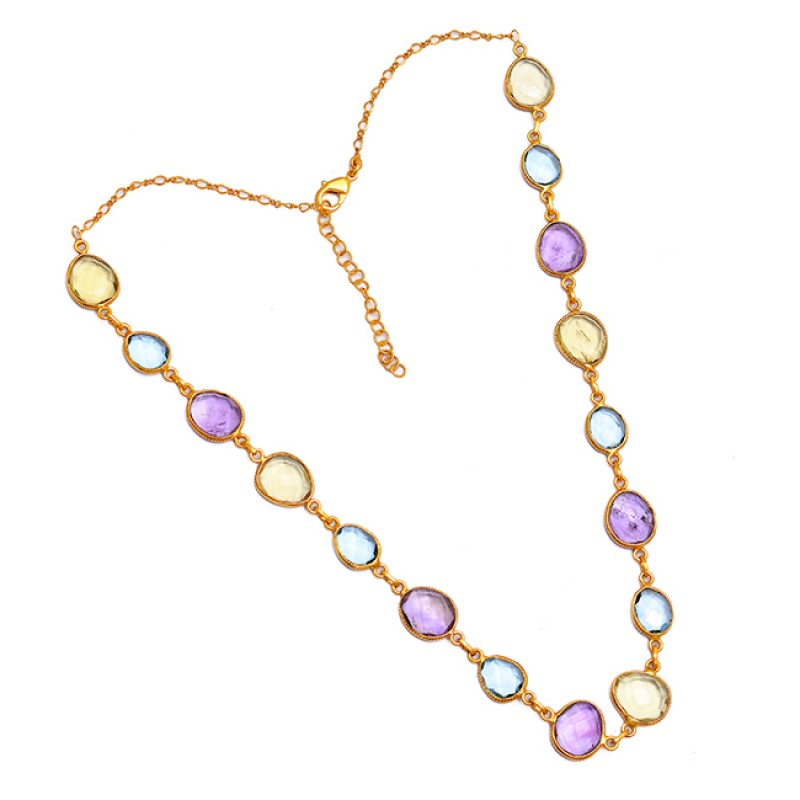 
									Oval Shape Lemon Topaz Amethyst Gemstone 925 Silver Gold Plated Necklace