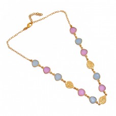 Heart Shape Chalcedony Gemstone 925 Sterling Silver Gold Plated Necklace