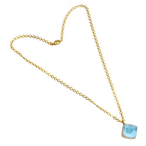 Cabochon Larimar Gemstone 925 Sterling Silver Gold Plated Necklace Jewelry