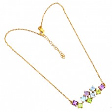 Square Shape Amethyst Blue Topaz Peridot Gemstone 925 Silver Necklace