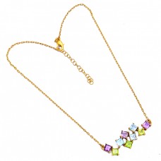 Square Shape Amethyst Blue Topaz Peridot Gemstone 925 Silver Necklace