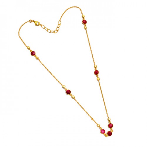 925 Sterling Silver Round Shape Ruby Gemstone Gold Plated Necklace Jewelry