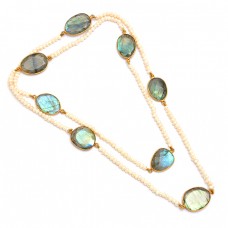 Labradorite Pearl Gemstone 925 Sterling Silver Gold Plated Necklace Jewelry : Price $42.50