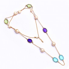 Oval Round Shape Gemstone 925 Sterling Silver Gold Plated Necklace Jewelry