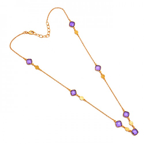 Cushion Shape Amethyst Gemstone 925 Sterling Silver Gold Plated Necklace