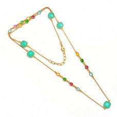 Multi Color Gemstone 925 Sterling Silver Gold Plated Designer Necklace